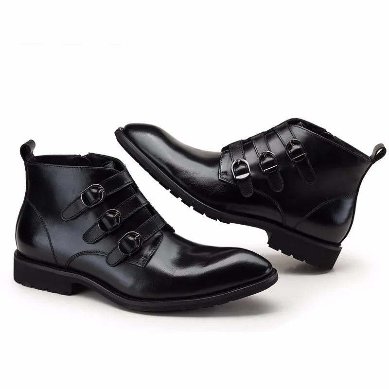 Ботильоны мужские из натуральной кожи с тремя пряжками|shoes fashion|shoes genuine leathertan tanning