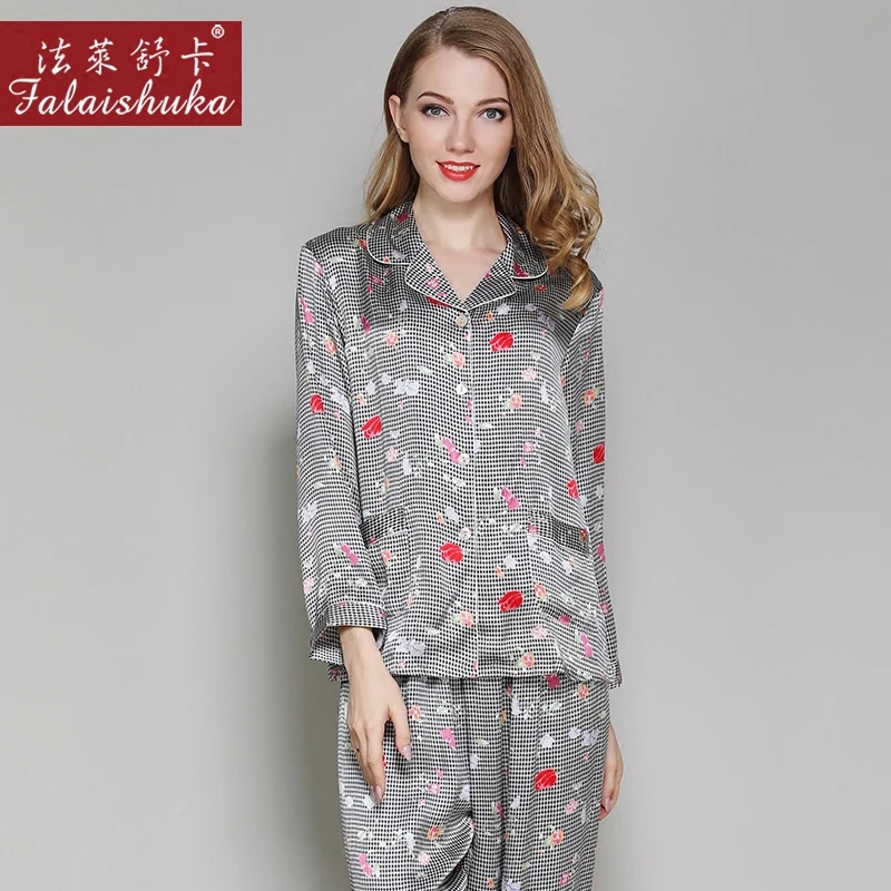 Womens Silk Pajamas Sets 2019Woman Plaid Full Sleeve Pants Silk Nightgown Lady100% Silk Satin Pyjamas Sleepwear Loungewear sets