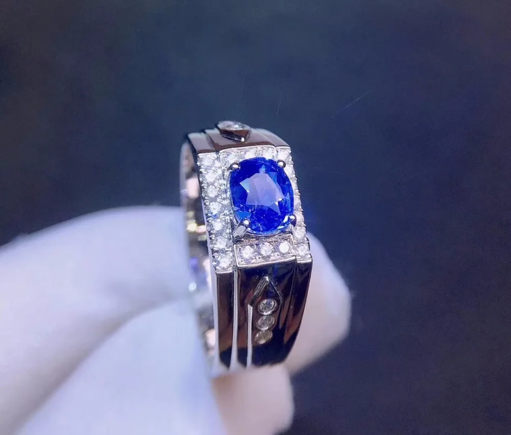 Ювелирные изделия из чистого 18 K Белый Золотой настоящие натуральные васильковые синие сапфировые 1ct драгоценные камни Бриллианты мужские кольца для мужчин тонкое кольцо