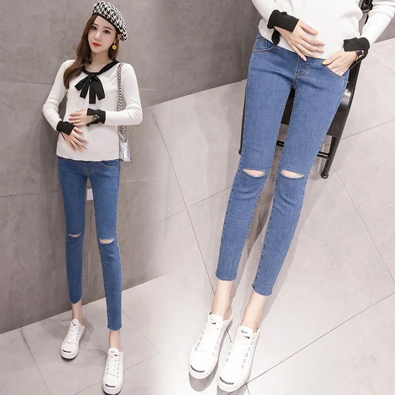 Джинсы стрейч с дырками для беременных облегающие джинсы Одежда на весну и
