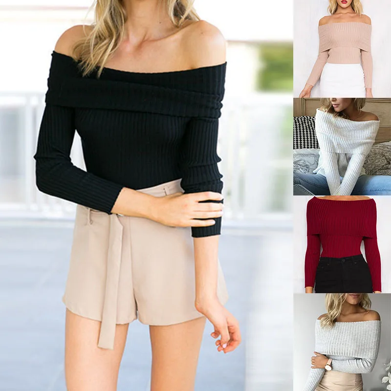 Off Shoulder Knitted Sweater Women 2018 Winter Slim Oversized Sweaters And Pullovers Sexy off-the-shoulder pit sweater collar | Женская