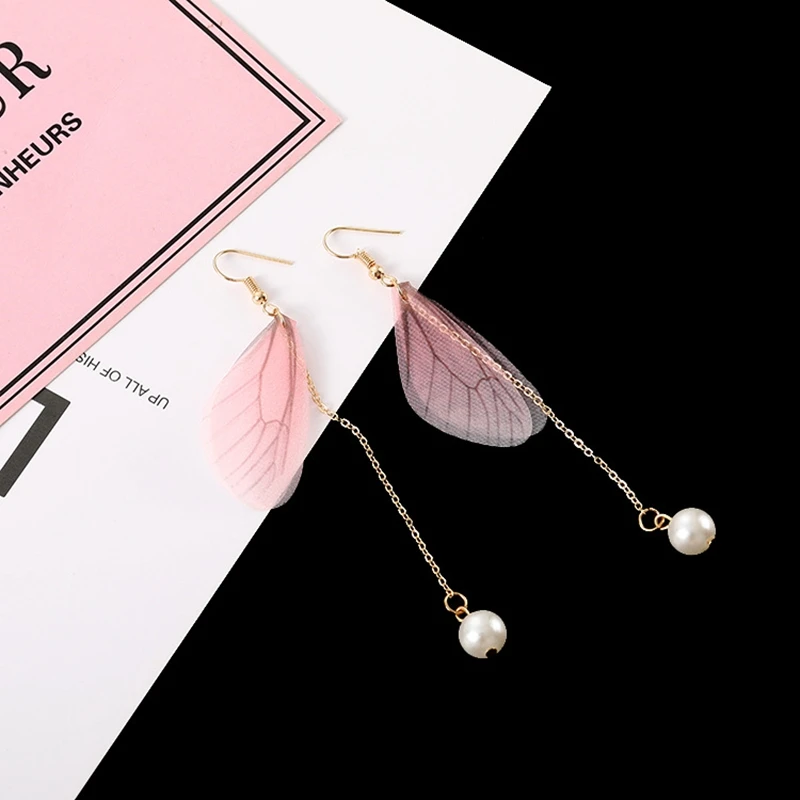Elegant Korean Pink Butterfly Wings Drop Earrings Imitation Pearl Long Tassel For Women Jewelry Statement | Украшения и