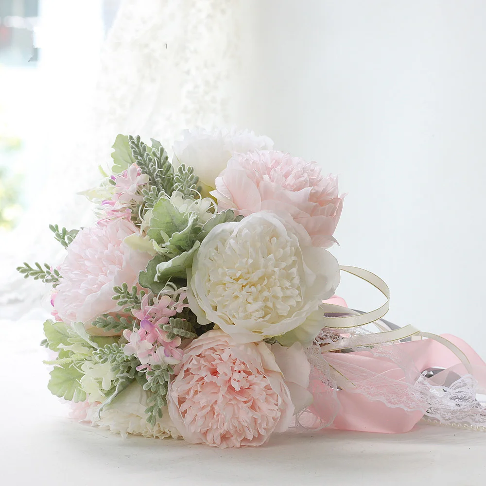 1 bouquet macaron color light pink fairy flower peony rose designed wedding bridal silk photoprops | Дом и сад