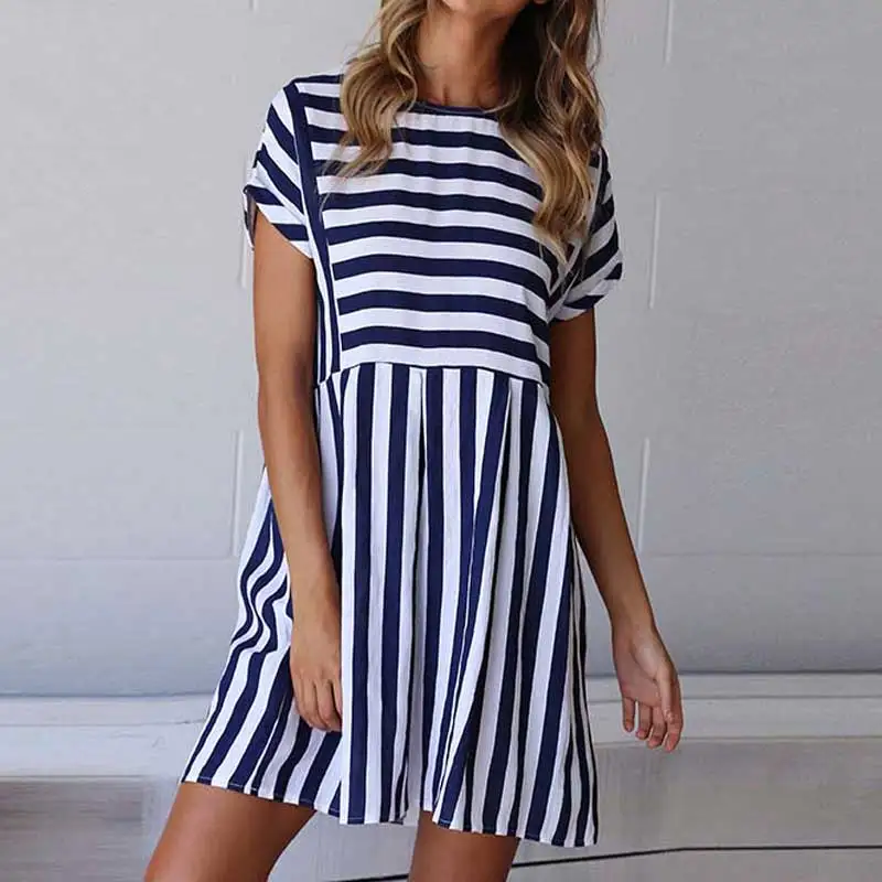 2019 Mini Short Party Dress Women Summer Striped Bodycon Female O-neck A Line Ladies Sleeve For | Женская одежда