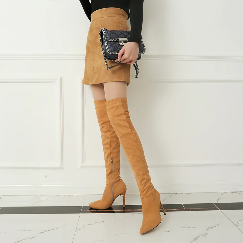 

WETKISS Thin High Heels Women Boots Pointed Toe Flock Footwear Over The Knee Female Boot Party Shoes Women 2018 Plus Sizw 32-46