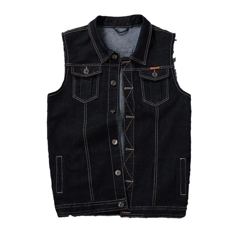 Idopy Classic Denim Vest Men Sleeveless Jean Jacket Vests Turn-down Collar Waistcoat For Men Big and Tall Plus Size M-8XL - Цвет: Black