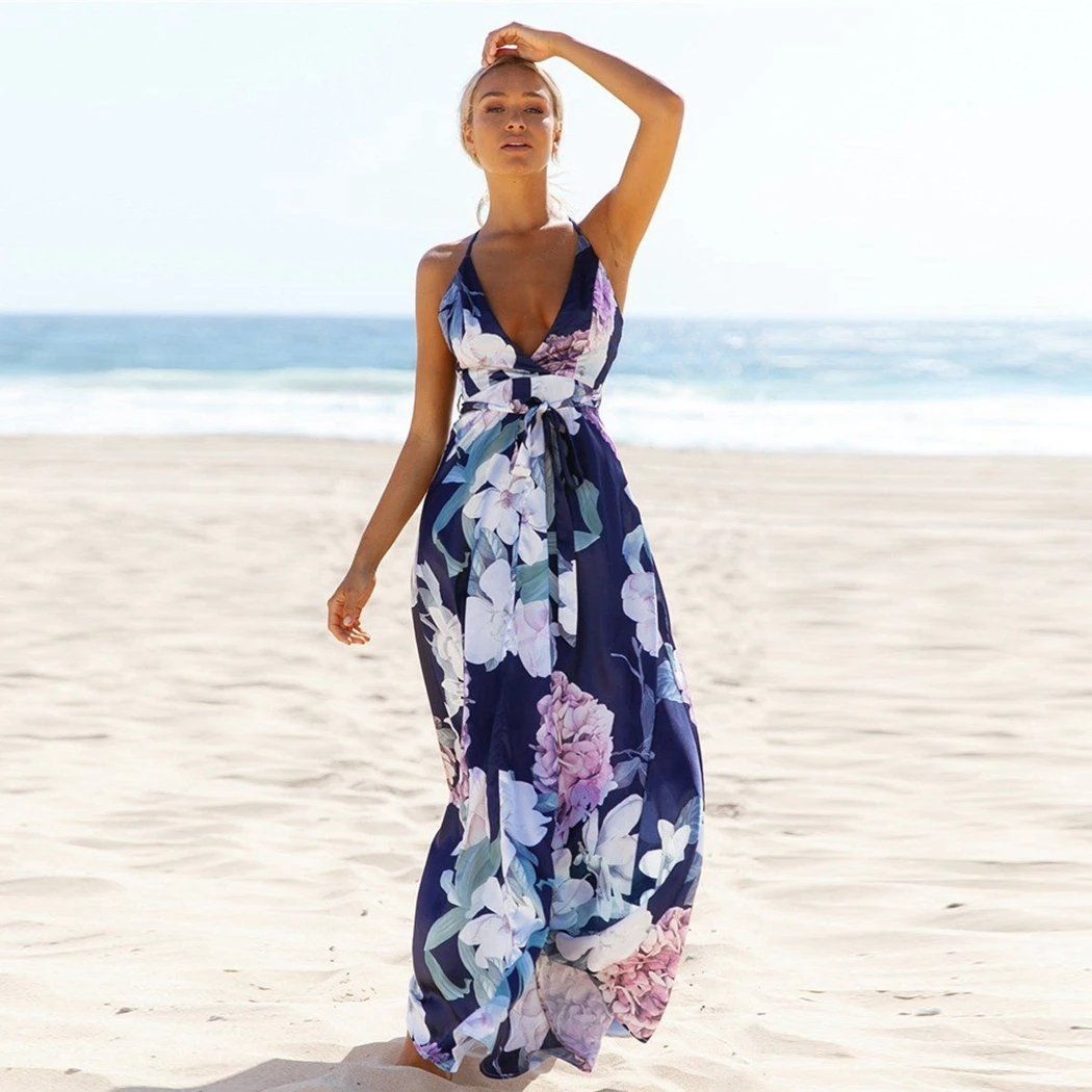 Женское длинное платье без рукавов Boho повседневное пляжное с треугольным