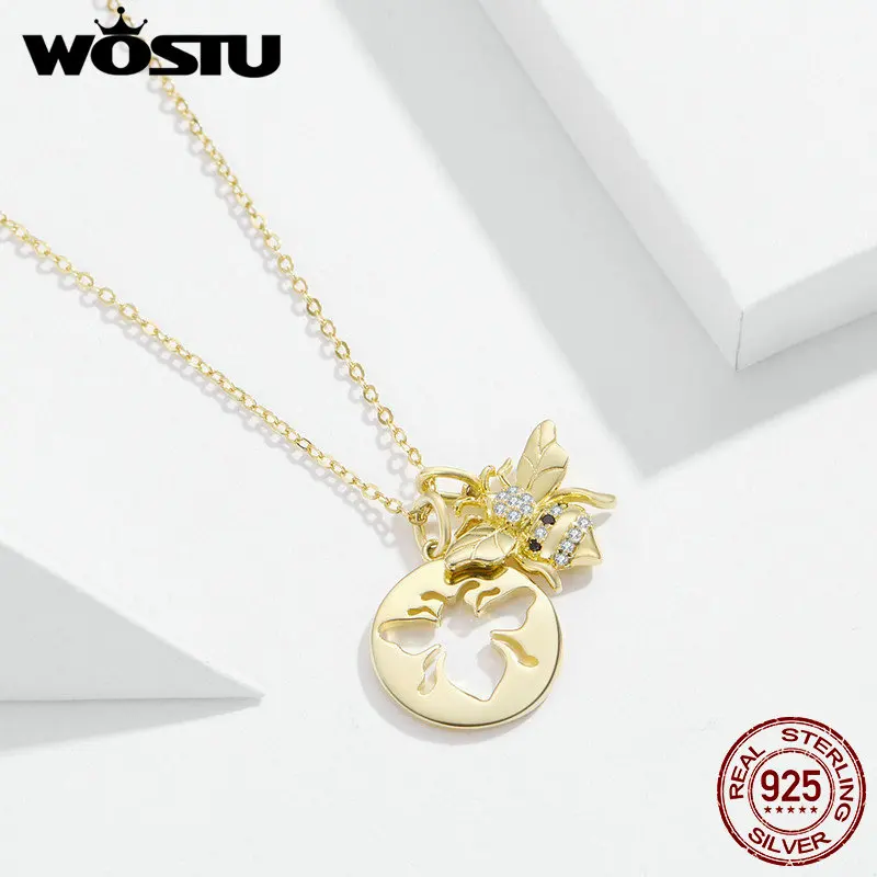 WOSTU 925 пробы серебряный золотой цвет королева ожерелье пчелки сверкающий циркон кулон для женщин модные ювелирные изделия подарки CTN080
