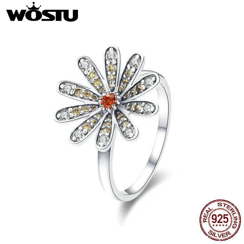 WOSTU Hot Sale 925 Sterling Silver Sparkling Daisy Flower Finger Rings For Women Fashion Engagement Ring Jewelry Gift CTR011