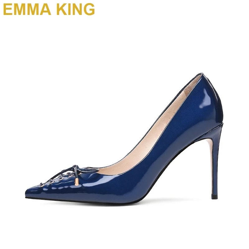 

Fashion Navy Blue Heels Bowknot Pointed Toe High Heels Women Stilettos Pumps Office Ladies Commuting Shoes Thin Heels 10CM 12CM