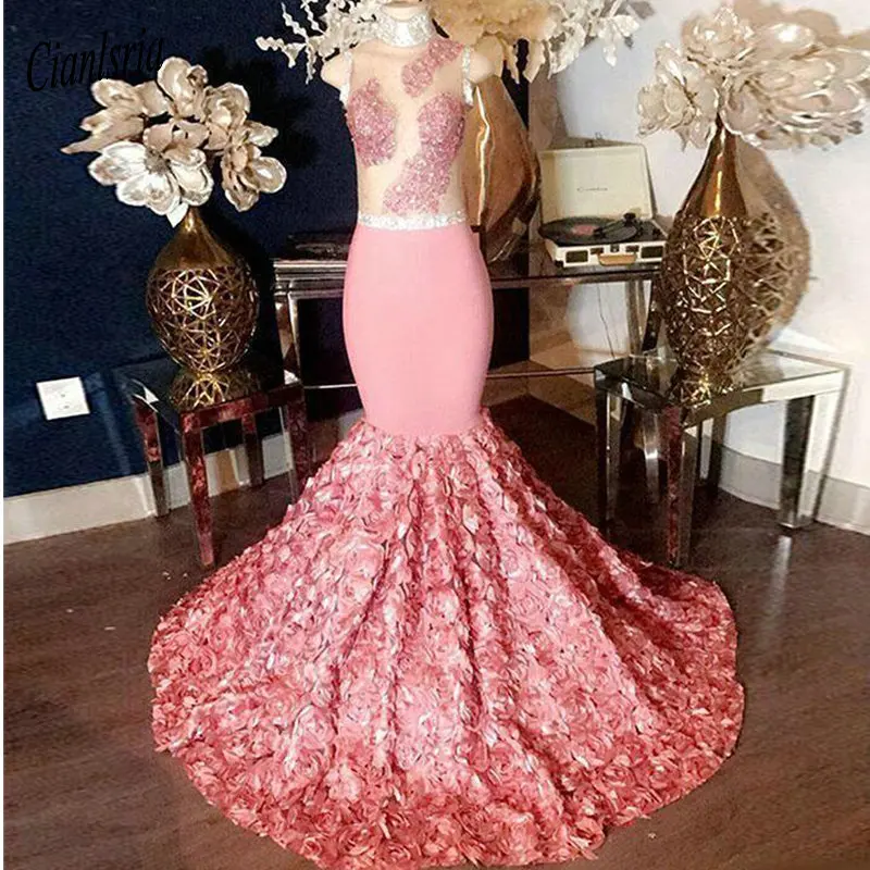 

Pink Mermaid Prom Dresses Sheer Top With Appliques 3D Rose Flower Sweep Train Evening Gowns Formal Party Dress