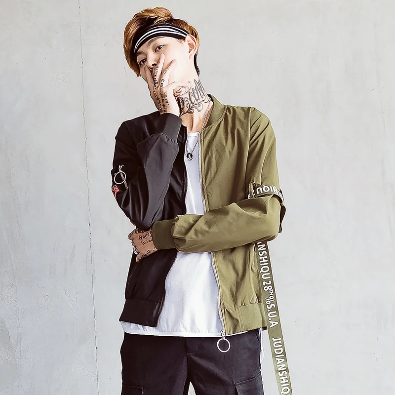 2018 Autumn Korean High Street Brand Men Bomber Jacket Detachable Red Black Green Patchwork Zipper Outwear Youth Student Coat | Мужская