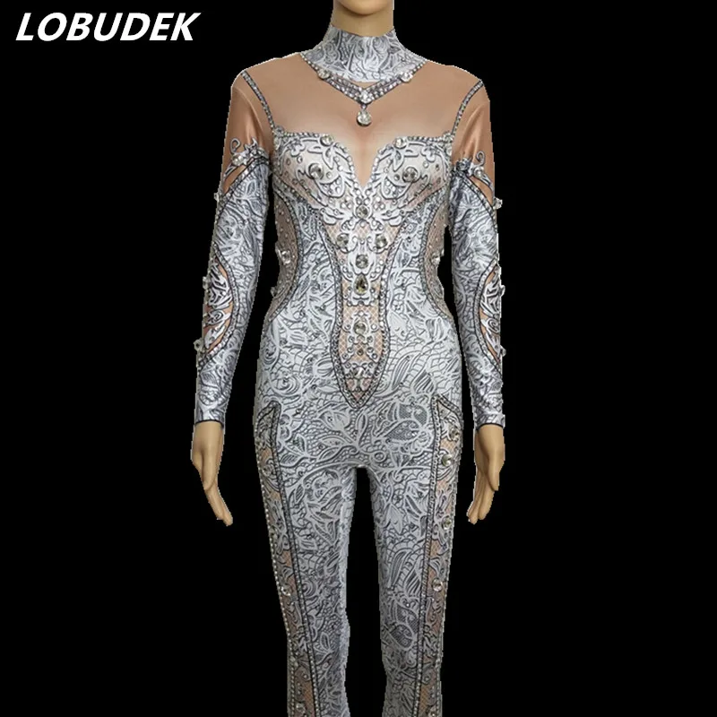 Occident style Bar DJ female singer Costumes White Crystals costume Leotard  printing jumpsuit Prom Party star show Rompers