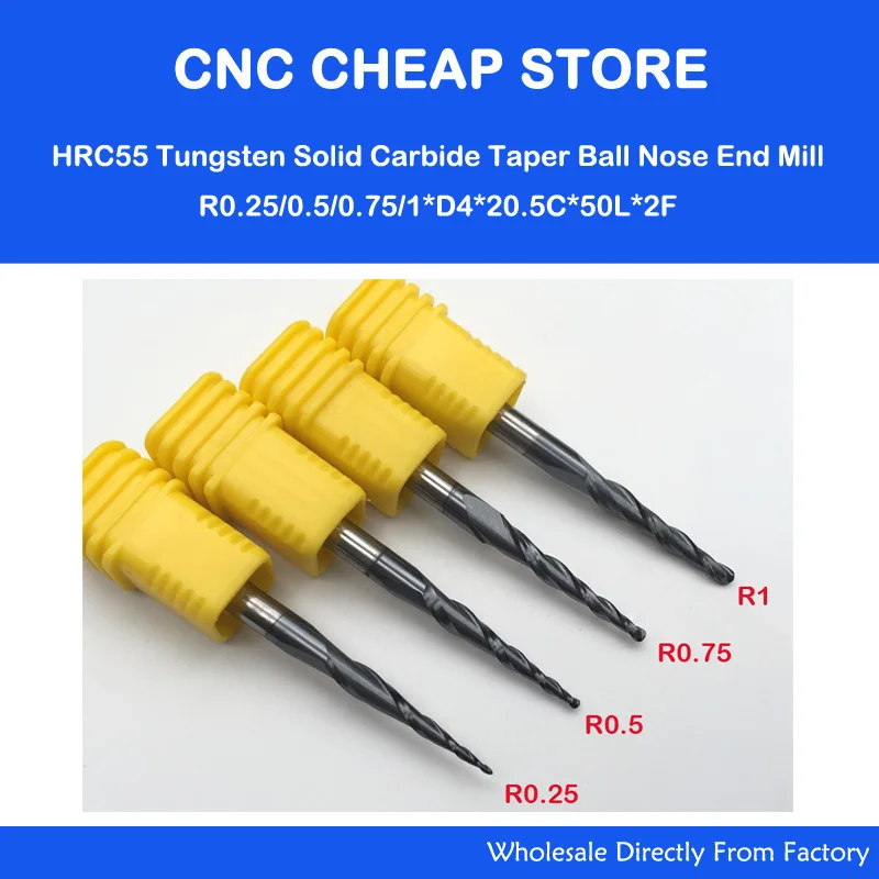 

4PCS/Lot R0.25&0.5&0.75&1.0mm 4mm Shank 50L HRC55 Tungsten solid carbide Tapered Ball Nose End Mills and cone CNC Milling cutter