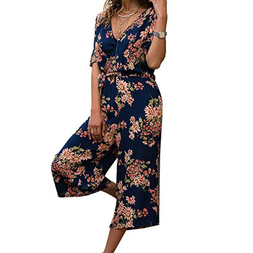 Женский свободный комбинезон с цветочным принтом повседневный богемный V