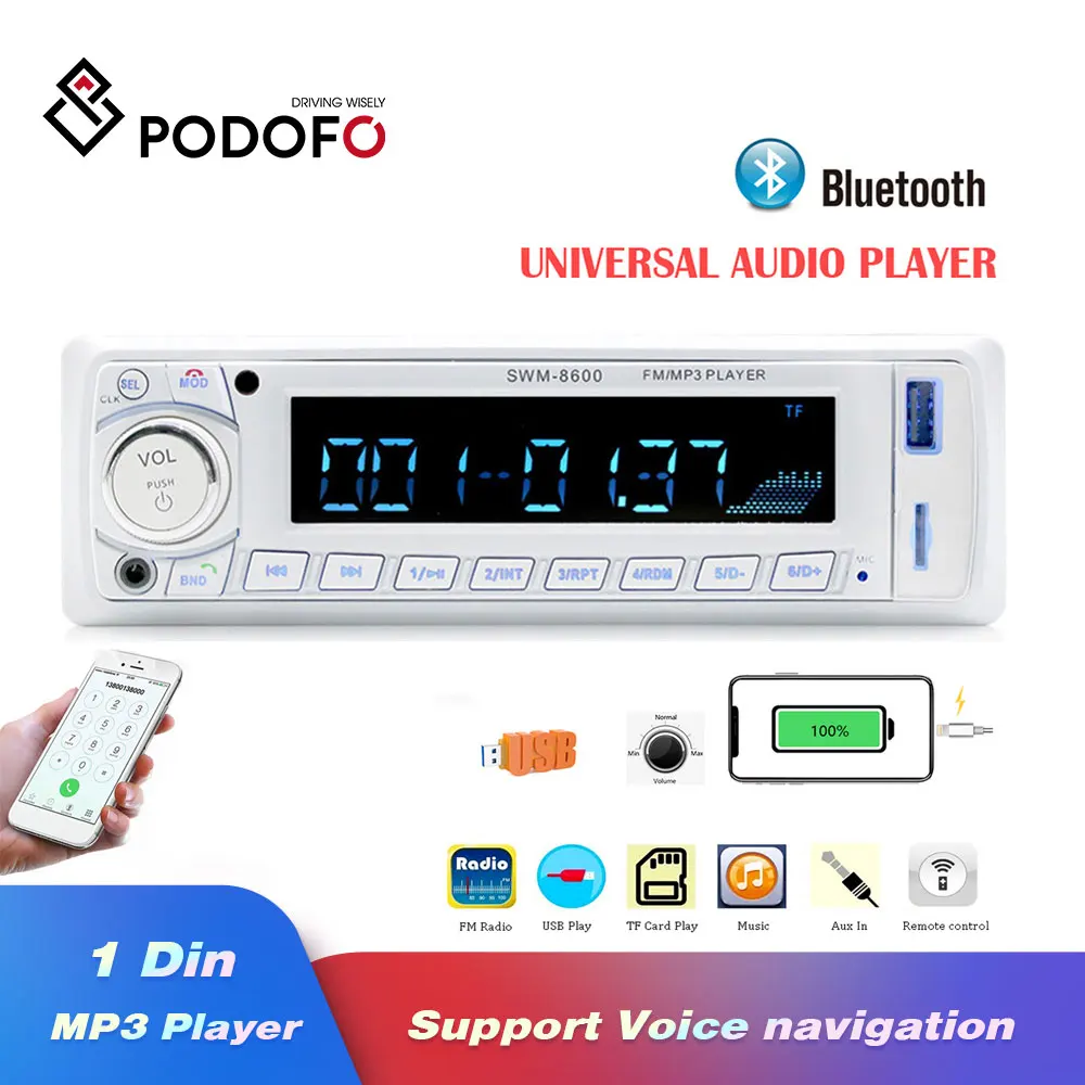 Podofo автомобильный радиоприемник 1 din в тире Авто Радио FM/Bluetooth/SD/USB/MP3