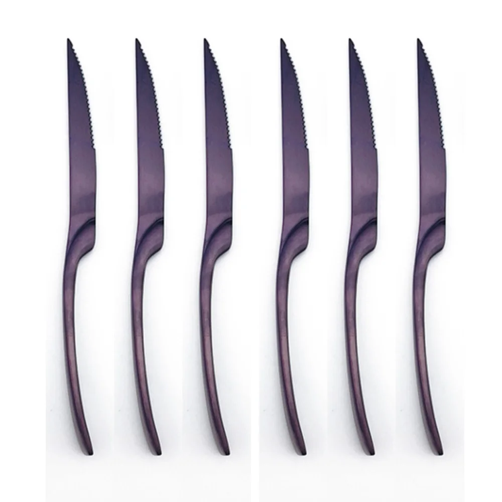 6pieces Steak Knife Набор фиолетовой посуды из 24 предметов, набор столовых приборов из 304 нержавеющей стали, острый нож для мяса, стейка, вилка, ложки, набор посуды, можно мыть в посудомоечной машине - Цвет: 6pieces Steak Knife