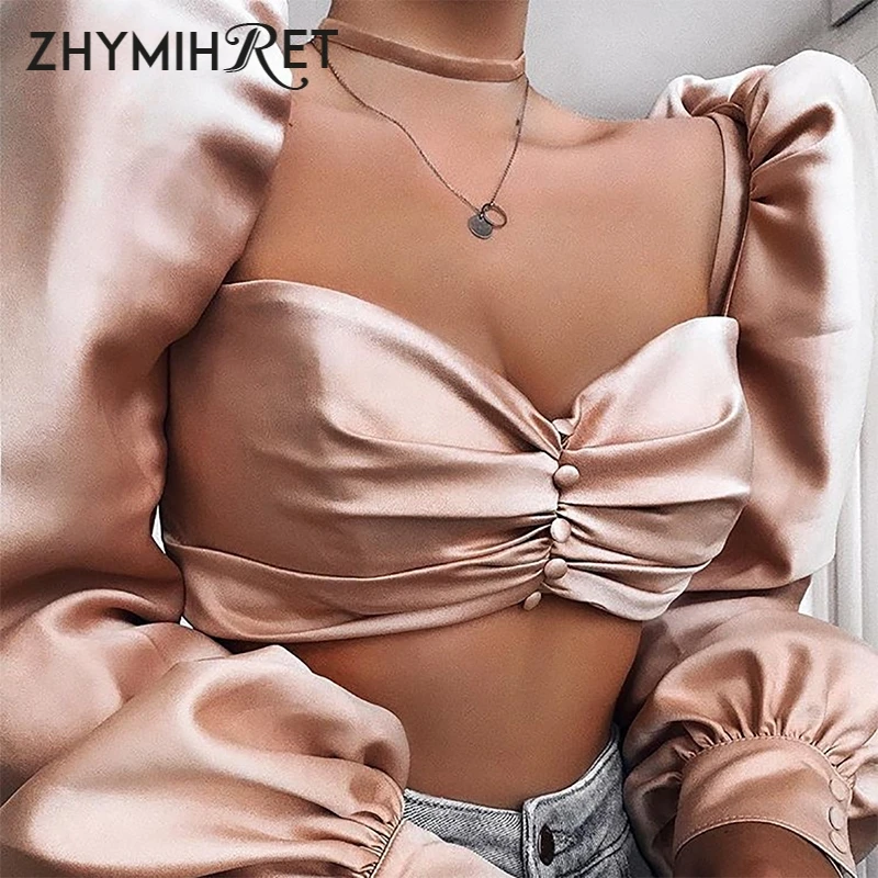 ZHYMIHRET, винтажная атласная футболка с квадратным воротником, женская футболка с пуговицами и длинным рукавом-фонариком, топы, сексуальная женская футболка с рюшами на молнии сзади