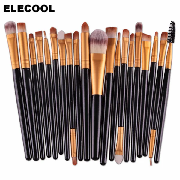 20pcs black gold ELECOOL 20/15/1 шт наборы кистей для макияжа Тени для век основа для макияжа лица Косметическая пудра подводка для глаз с ресницами, губами Макияж Кисти Косметический Красота ящик для инструментов - Handle Color: 20pcs black gold