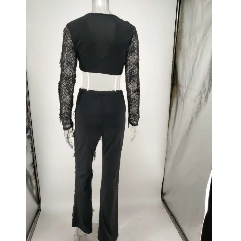 Summer Black Two Piece Suit Womens Set Clothing Sequins Splice V neck Long Sleeve Sexy Top With long pants set A21816 |