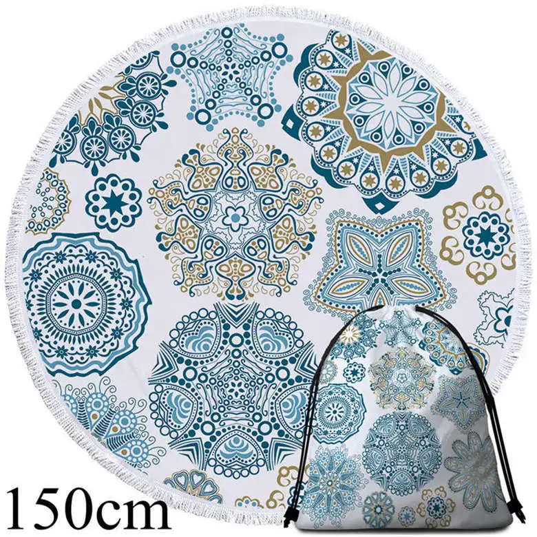 002 Towel 150cm-Bag Постельное белье Outlet богемное круглое пляжное полотенце небесно-голубое с кисточками МАНДАЛА ГОБЕЛЕН Коврик для йоги цветочный Toalla солнцезащитное покрывало в богемном стиле - Цвет: 002 Towel 150cm-Bag