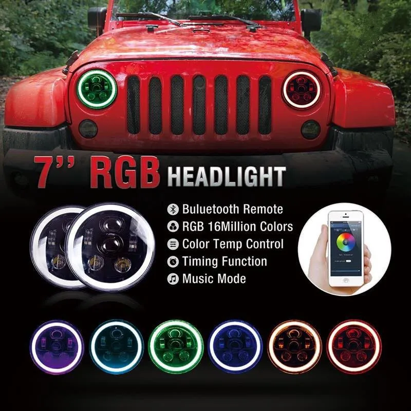 7 дюймовый светодиодный RGB светодиодные фары &quotКруглый Передние мигающий rgb