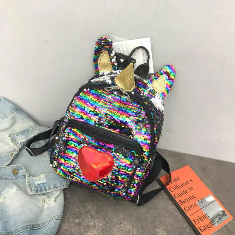 2019 Hot Sale Children's personality sequins backpack unicorn girls schoolbags leisure travel gold silver | Багаж и сумки