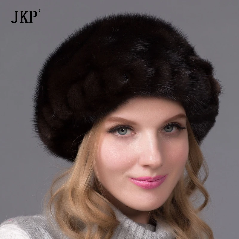 100% натуральная норковая меховая шапка для женщин Зимняя цельная с цветочным