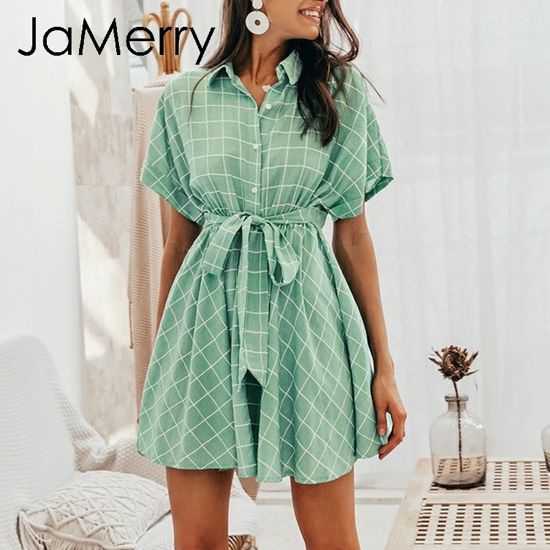JaMerry, винтажное, элегантное, в клетку, с поясом, женское платье, короткий рукав, ТРАПЕЦИЕВИДНОЕ, повседневное, уличная одежда, женское, короткое платье, на пуговицах, летнее платье