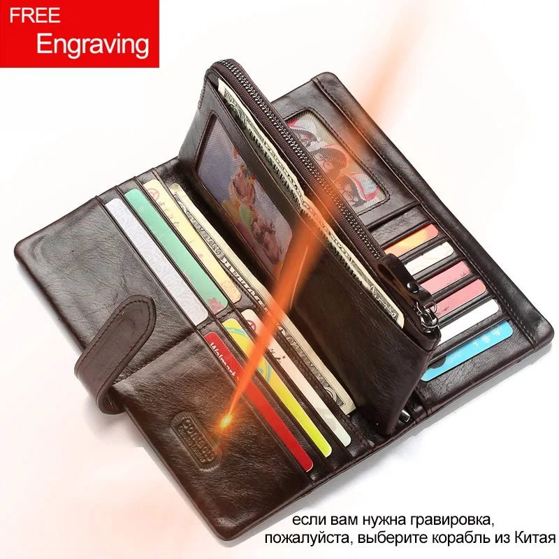 contacts genuine crazy horse cowhide leather men wallets fashion purse with card holder vintage long wallet clutch wrist bag free global shipping