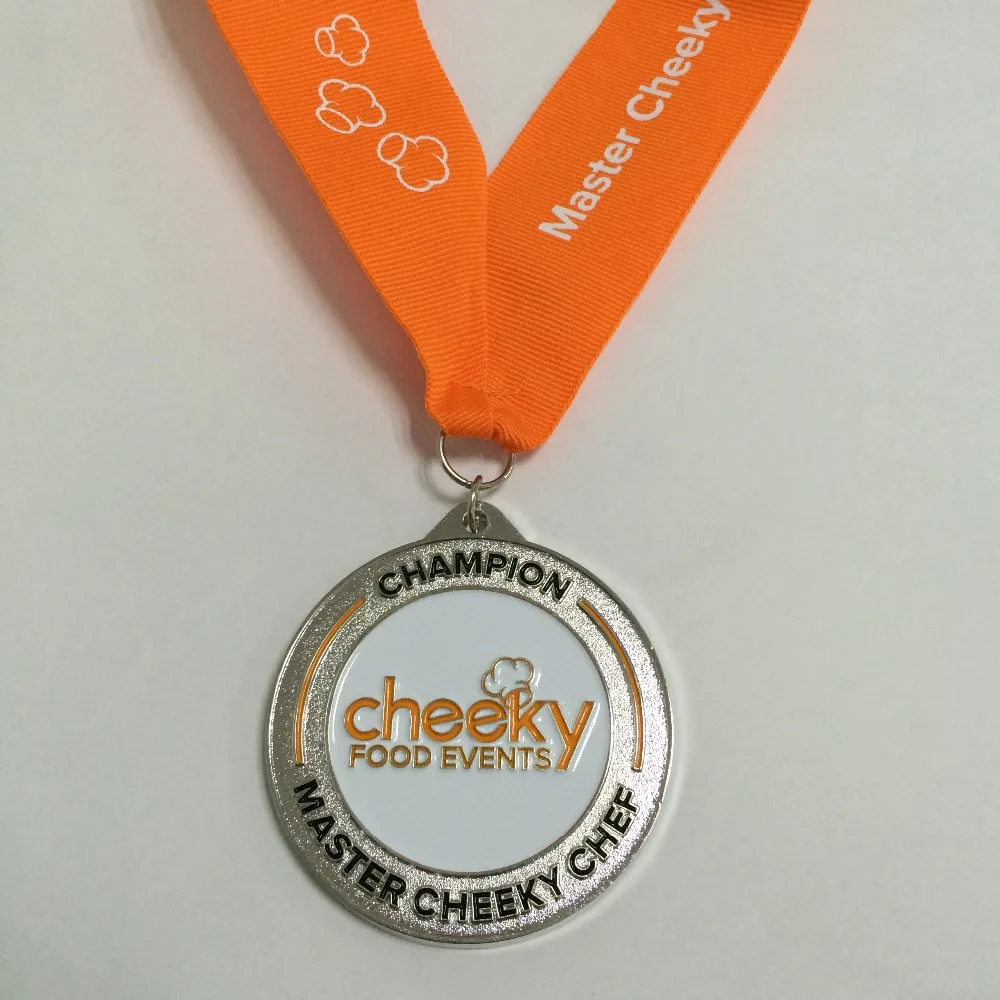 

Custom sports medal in shiny silver plating in 2inches diameter in colors attached with custom ribbon/ lanyard --100pcs