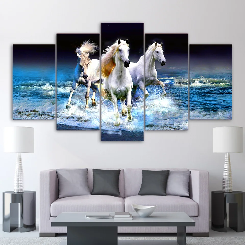 5 Panels Beach Waves White Horses Racing Animals Wall Posters Modern Home Decorative Canvas Painting Living Room Modular Picture | Дом и сад