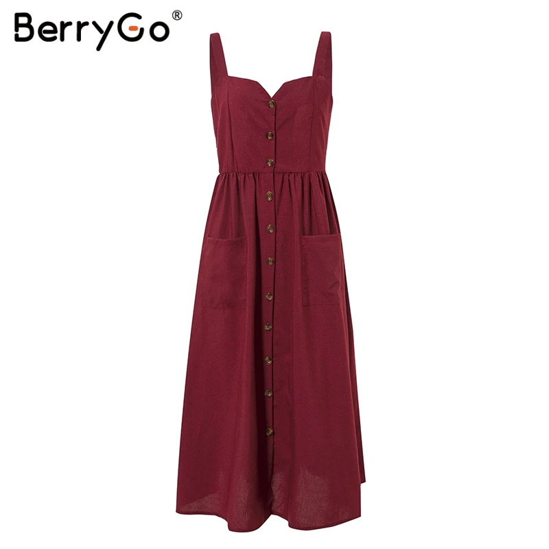 BerryGo Boho платья женское платье Кнопка миди плюс размер сплошной летний пляжный