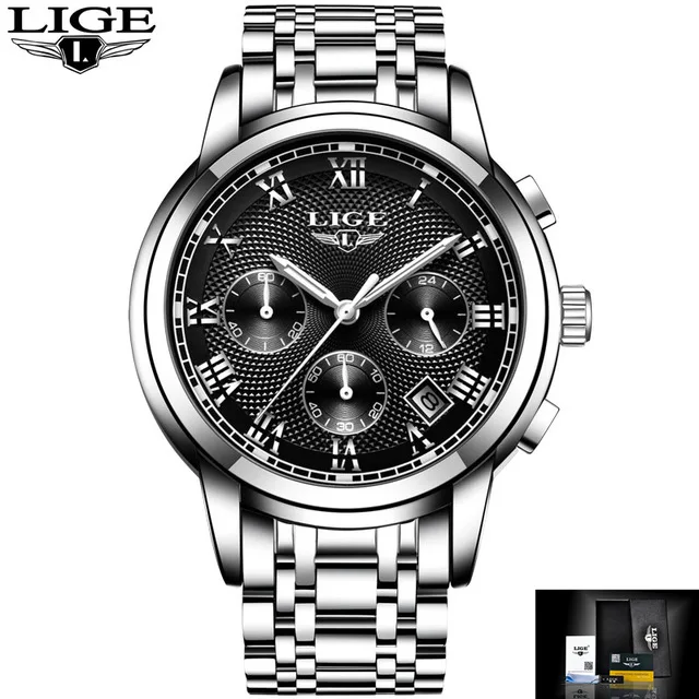 Silver black S Для мужчин s часы лучший бренд класса люкс LIGE бизнес нержавеющая сталь Водонепроницаемый Кварцевые часы для мужчин Дата Спорт хронограф Relogio Masculino - Цвет: Silver black S