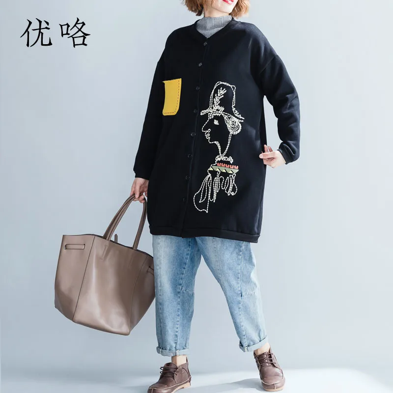 Kawaii мультфильм печатных Женская зимняя куртка корейского размера плюс толстый бархат пальто кардиган ветровка Cortaviento Mujer 4XL 5XL