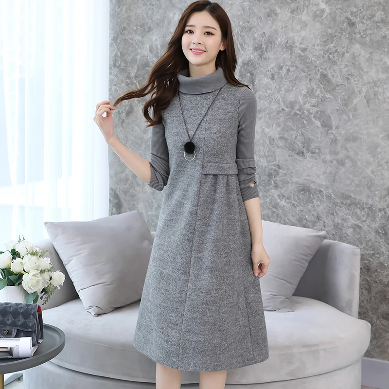 

Ladies Woolen Dress for Women Knit Long Sleeve Turtleneck Elegant A-line Dress Thick Autumn Winter Plus Size Casual Midi Dress