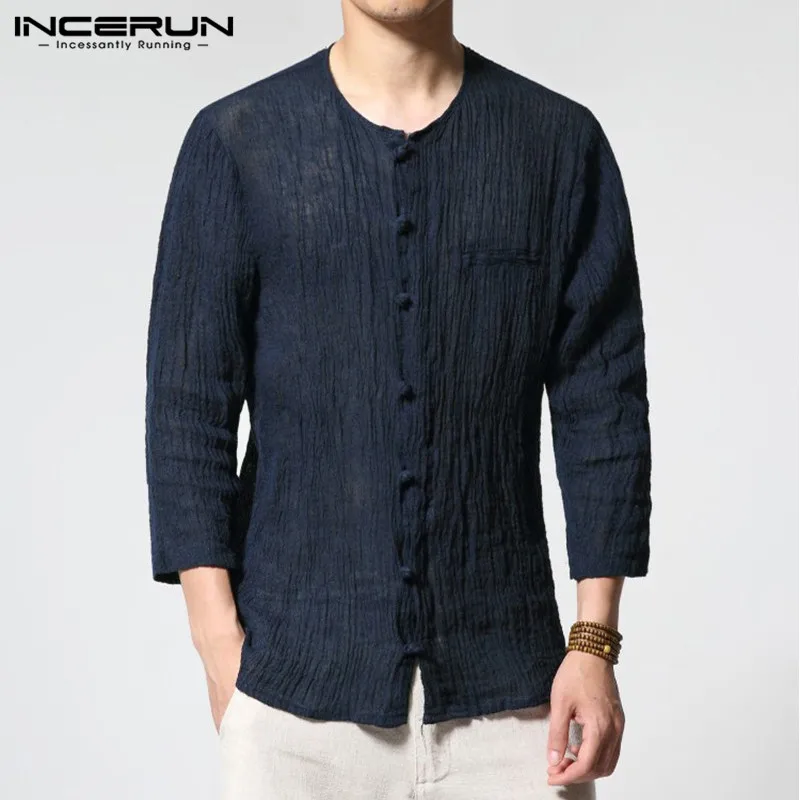 Navy Shirt INCERUN, мужские рубашки в китайском стиле, одноцветные, круглый вырез, 3/4 рукав, хлопок, Ретро стиль, рубашка, Повседневная, тонкая, для фитнеса, Camisa Masculina, S-3XL - Цвет: Navy Shirt
