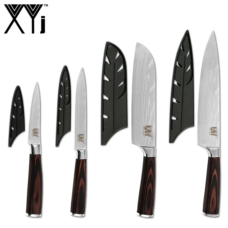 E.4Pcs Set and cover XYj дамасский нож из нержавеющей стали с узором 7CR17 цвет деревянная ручка шеф-повара нож подставка точилка бар заточка инструменты аксессуар - Цвет: E.4Pcs Set and cover