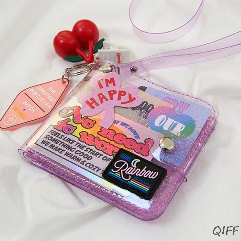 Transparent ID Card Holder PVC Folding Short Wallet Fashion Women Girl Glitter Business Cards Case Purse with Lanyard Sum