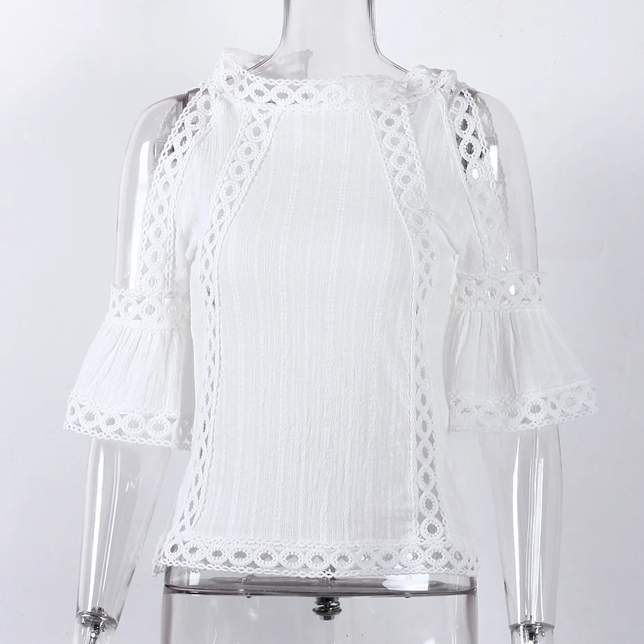 Кружевная блузка с холодным плечом белая модная 2018 летние топы в Корейском стиле