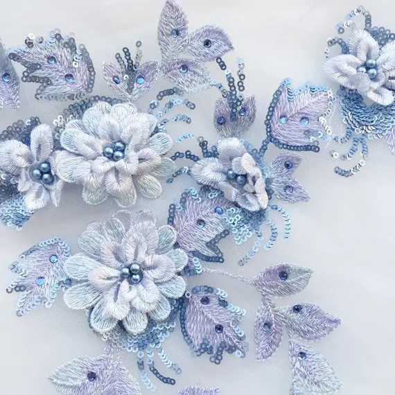 

5 pieces blue lace applique, heavy bead lace applique, 3D lace applique with rhinestones