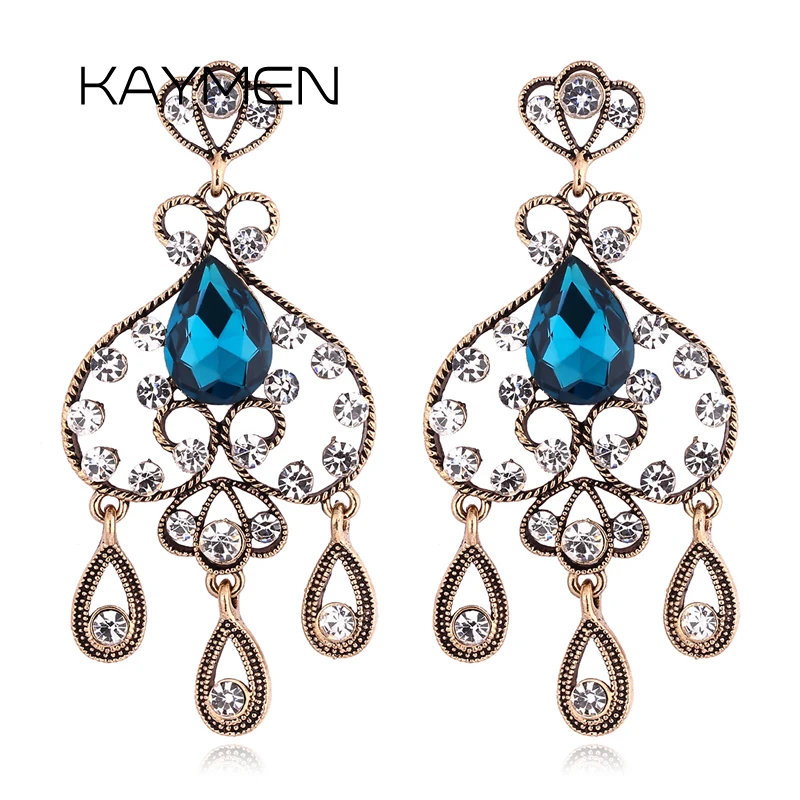 

KAYMEN New Fashion Women's Drop-water Shape Vintage Earrings Inlaid Rhinestones Antique-Golden Statement Drop Dangle Earrings