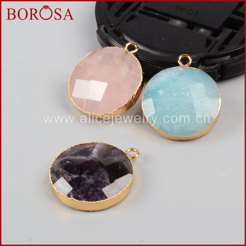

BOROSA Gold Color Round Multi-Kind Faceted Stones Charm Beads,Druzy Pink Quartz Charm for Earrings DIY Women Jewelry G0948
