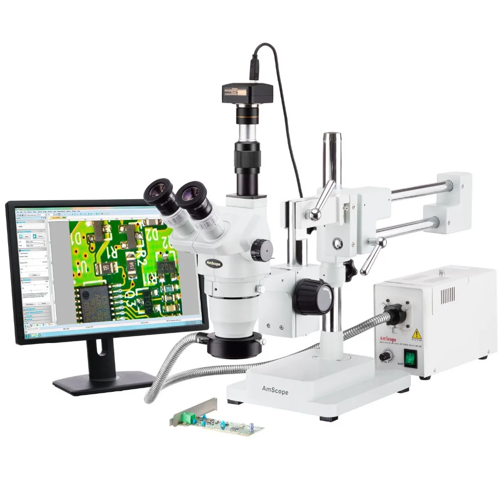 Тринокулярный микроскоп с подставкой и стерео зумом AmScope 2x 225x + камера 9