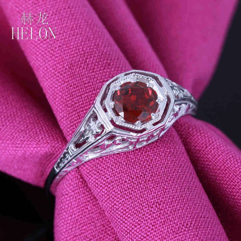 HELON Real 10 к белое золото безупречный 0.8CT круглый из натуральной гранат Винтаж вырезка обручение Свадебные для женщин ювелирные украшения кольцо