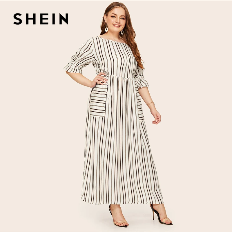 SHEIN, платье размера плюс с воланом, рукавом, накладным карманом, в полоску,, женское, весна-лето, повседневное, с коротким рукавом, с высокой талией, макси платья