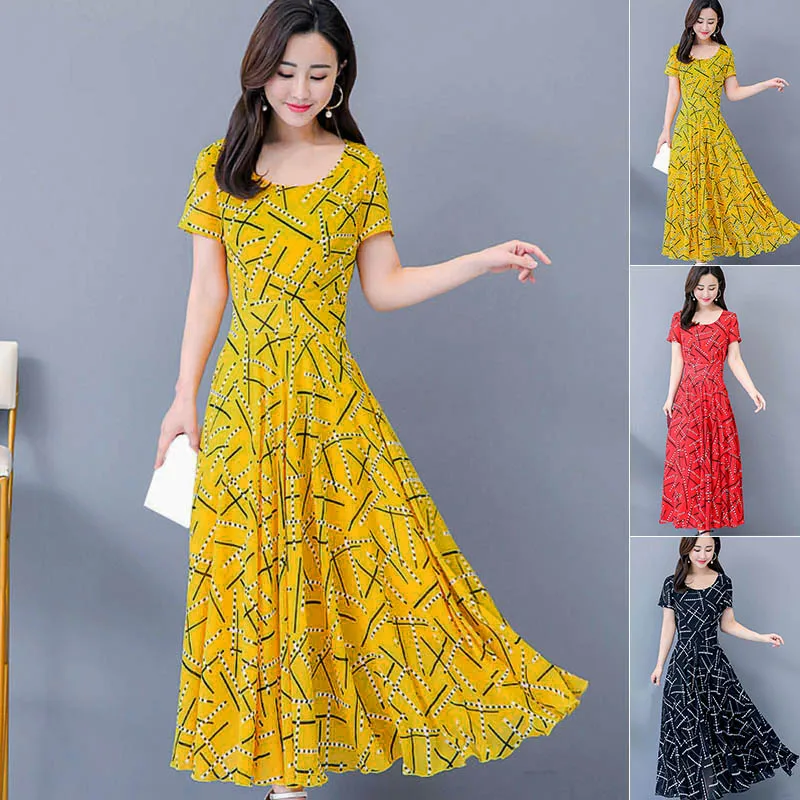 Летнее женское платье с круглым вырезом коротким рукавом трапециевидной формы