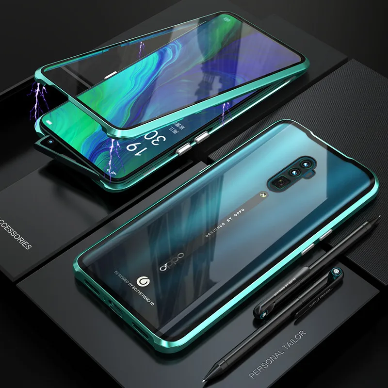 green Чехол на магните для OPPO Reno 10X Zoom, чехол на переднюю панель+ заднюю, двухсторонний, 9 H, чехол из закаленного стекла для OPPO Reno CPH1919, металлический бампер, чехол - Цвет: green