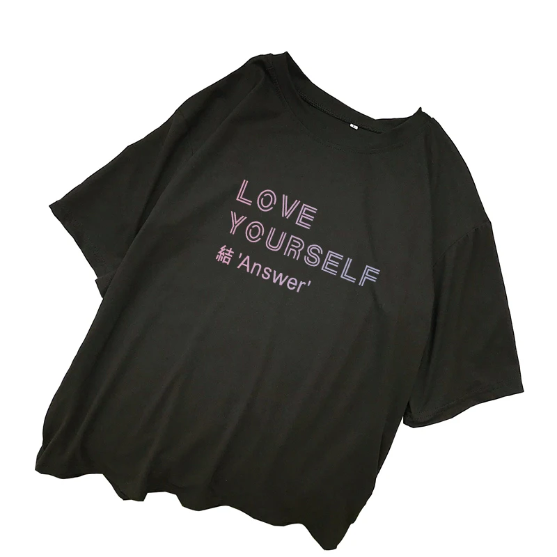 Корейский стиль короткий рукав Футболка женская мода свободные Kpop LOVE YOURSELF с буквенным принтом Футболки повседневные Harajuku Tumnlr Топы рубашка