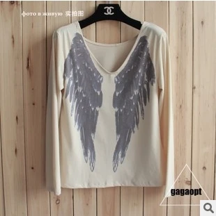 New 2015 Back Angel Wings Printed Novelty Women's T Shirt Women Punk long Sleeve T-Shirt Tops Homewear Casual Long Tshirt | Женская